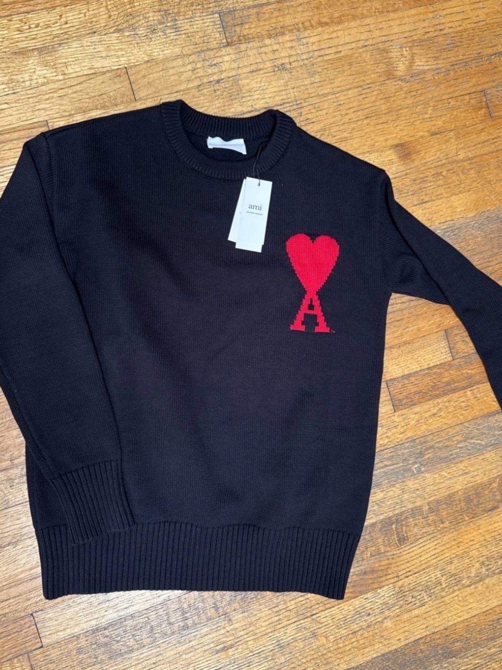 AMI Paris Black Knit Sweater with Red Heart 'A' Men’s size XL New